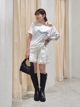 「Ungrid（アングリッド）のコットンレースパッチワークショートパンツ（その他パンツ、ホワイト系）」を使った、多田詩音さん（レディース・152cm）の夏コーディネート
