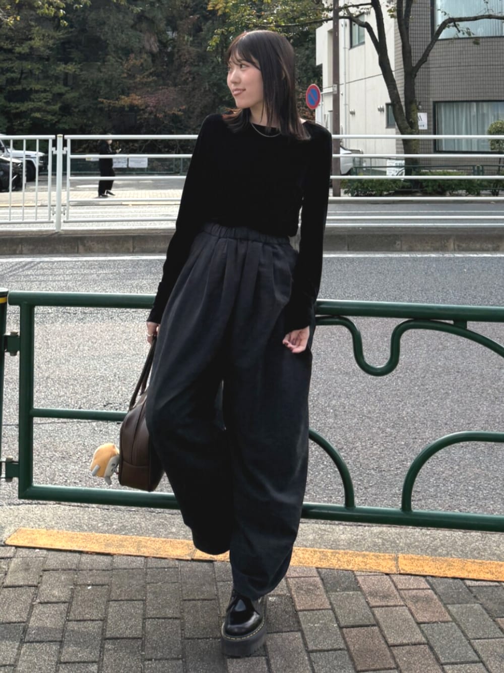 ブラウン系のハンドバッグ、グレー系のその他パンツ、ブラック系のTシャツ/カットソーを着用したレディースの秋コーディネートの1枚目の写真