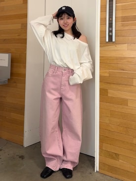 「Ungrid（アングリッド）のカーブルーズカラーデニム（デニムパンツ、ピンク系）」を使った、多田詩音さん（レディース・152cm）の春コーディネート