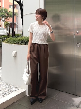「Ungrid（アングリッド）のストレートラインパンツ（その他パンツ、ブラウン系）」を使った、多田詩音さん（レディース・152cm）の夏コーディネート
