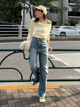 「Ungrid（アングリッド）のタックデザインオフショルロングスリーブTee（Tシャツ/カットソー）」を使った、多田詩音さん（レディース・152cm）の夏コーディネート