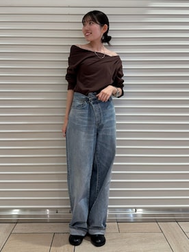 「Ungrid（アングリッド）のタックデザインオフショルロングスリーブTee（Tシャツ/カットソー）」を使った、多田詩音さん（レディース・152cm）の秋コーディネート