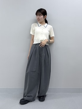 「Ungrid（アングリッド）のウエストデザインルーズタックパンツ（その他パンツ、グレー系）」を使った、多田詩音さん（レディース・152cm）の夏コーディネート
