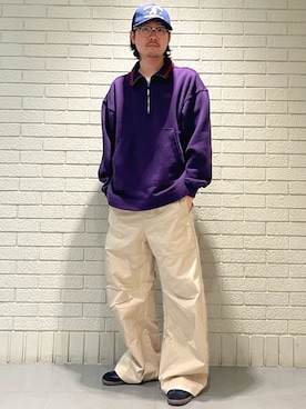 「アイテム（パーカー、パープル系）」を使った、STさん（メンズ・175cm）の冬コーディネート