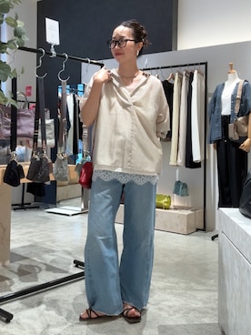「Jena espace merveilleux（ジェナ　エスパスメルヴェイユ）のシアースキッパーブラウス（シャツ/ブラウス、グレー系）」を使った、akane.mさん（レディース・162cm）の夏コーディネート