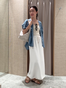 「Jena espace merveilleux(ジェナ エスパスメルヴェイユ)の【サラサラ半袖デニム】テンセルフレンチシャツ(シャツ/ブラウス、ブルー系)」を使った、akane.mさん(レディース・162cm)の夏コーディネート