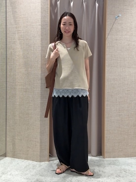 「Jena espace merveilleux(ジェナ エスパスメルヴェイユ)のカタアゼフレンチニット(ニット/セーター、ベージュ系)」を使った、akane.mさん(レディース・162cm)の夏コーディネート
