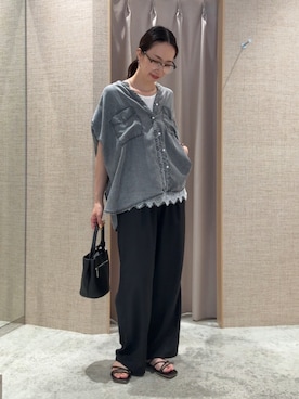 「Jena espace merveilleux(ジェナ エスパスメルヴェイユ)の【サラサラ半袖デニム】テンセルフレンチシャツ(シャツ/ブラウス、グレー系)」を使った、akane.mさん(レディース・162cm)の夏コーディネート