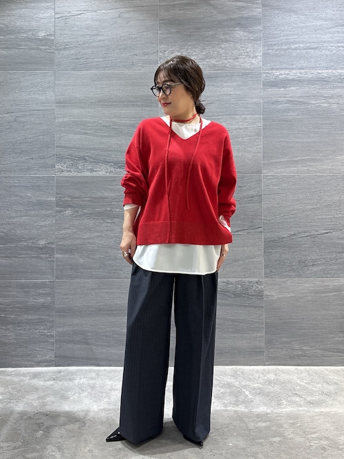 【CHIKAコラボ】【時短】タイ付き総針Vネックニット