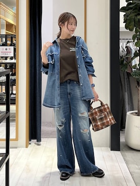 「BAYFLOW（ベイフロー）の起毛チェックロゴスクエアトートバック（トートバッグ、オレンジ系）」を使った、Haruneさん（レディース）の秋コーディネート