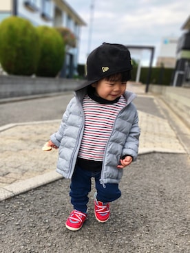 「西松屋（ニシマツヤ）のアイテム（Tシャツ/カットソー）」を使った、Otoさん（キッズ・80cm）の冬コーディネート