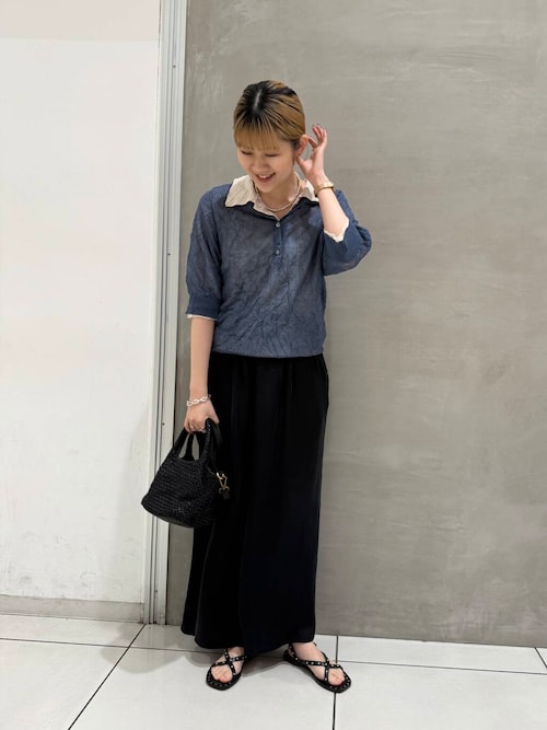 new basic　リネン混ワッシャーシャツカラーニット