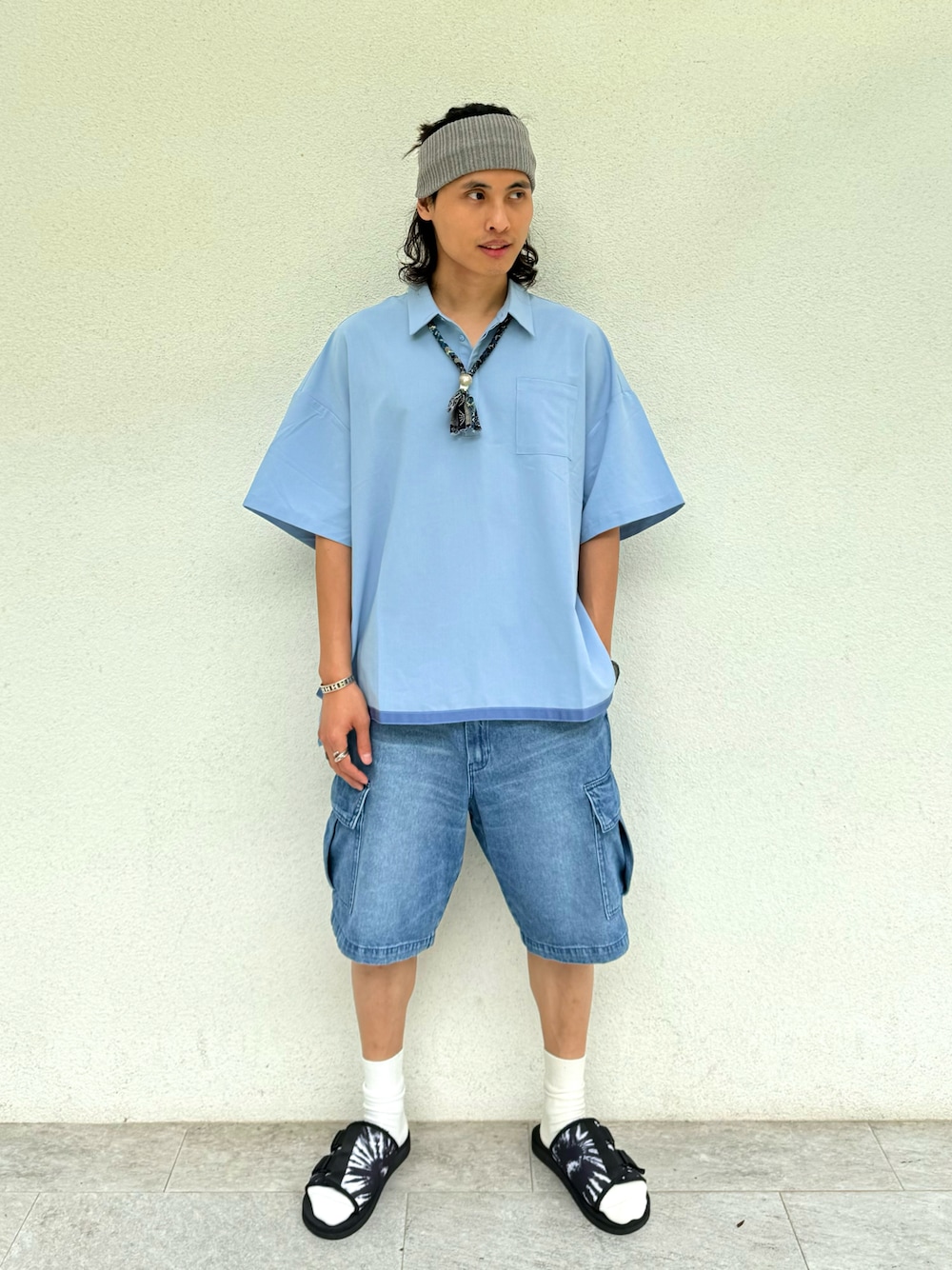 「今日のコーデ、今日の服、夏コーデ、古着MIX、ootd、outfit、streetstyle、daily look」｜「halo commodityのアイテム（ヘアバンド、グレー系）」を使った、kb8526さん（メンズ・173cm）の夏コーディネートの1枚目の写真