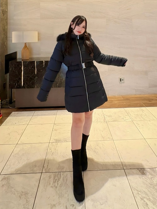 セール】ファーフード付ウエストベルトエコダウンコート（ダウン