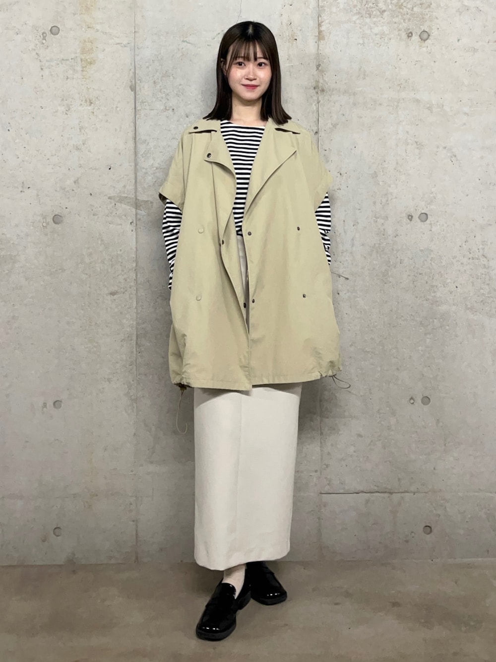 「ボーダー、レイヤードスタイル、ロングスカート、お出かけコーデ、プチプラ、SENSEOFPLACE、春服、春コーデ、淡色コーデ、春服みてみて」｜「ITEMS URBANRESEARCHのボートネックルーズカットソー（Tシャツ/カットソー、ホワイト系）」を使った、ゆりさん（レディース・161cm）の春コーディネートの1枚目の写真