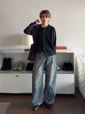 「WYM LIDNM（ウィム バイ リドム）のT/C CREW COMPACT CARDIGAN（カーディガン/ボレロ、グレー系）」を使った、さあやさん（メンズ・163cm）の春コーディネート