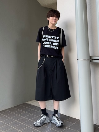「SINSS(シンス)のTwo tuck wide stripe shorts / ツータックワイドストライプショーツ(その他パンツ)」を使った、さあやさん(メンズ・163cm)の夏コーディネート