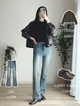 「アイテム（ライダースジャケット）」を使った、miiさん（レディース・165cm）の秋コーディネート