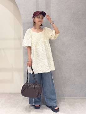 「LOWRYS FARM（ローリーズファーム）の【500mlペットボトル収納可】タックボストンＢＡＧ　1049023（ボストンバッグ、ブラウン系）」を使った、anyuさん（レディース・150cm）の夏コーディネート