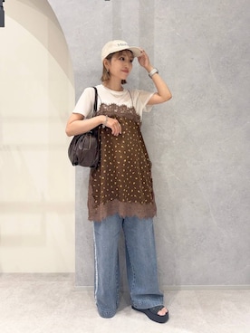 「LOWRYS FARM（ローリーズファーム）の【500mlペットボトル収納可】タックボストンＢＡＧ　1049023（ボストンバッグ、ブラウン系）」を使った、anyuさん（レディース・150cm）の夏コーディネート