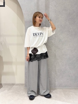 「LOWRYS FARM（ローリーズファーム）のメランジロゴTEE　1048840（Tシャツ/カットソー、ホワイト系）」を使った、anyuさん（レディース・150cm）の夏コーディネート
