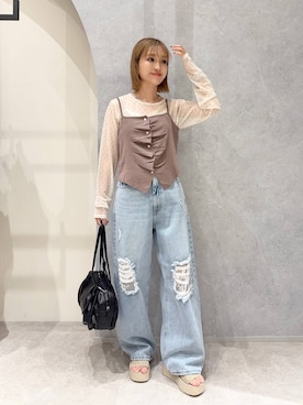 「LOWRYS FARM（ローリーズファーム）の【500mlペットボトル収納可】タックボストンＢＡＧ　1049023（ボストンバッグ、ブラック系）」を使った、anyuさん（レディース・150cm）の夏コーディネート