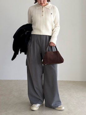 「fredy emue（フレディエミュ）のFR刺繍ケーブル柄ポロ衿ニットプルオーバー（ニット/セーター）」を使った、kurikiさん（レディース・160cm）の秋コーディネート