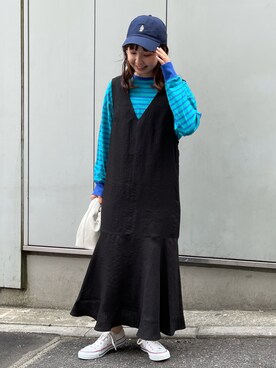 「ブルーコーデ」｜「アイテム（ジャンパースカート）」を使った、kurikiさん（レディース・160cm）の春コーディネート