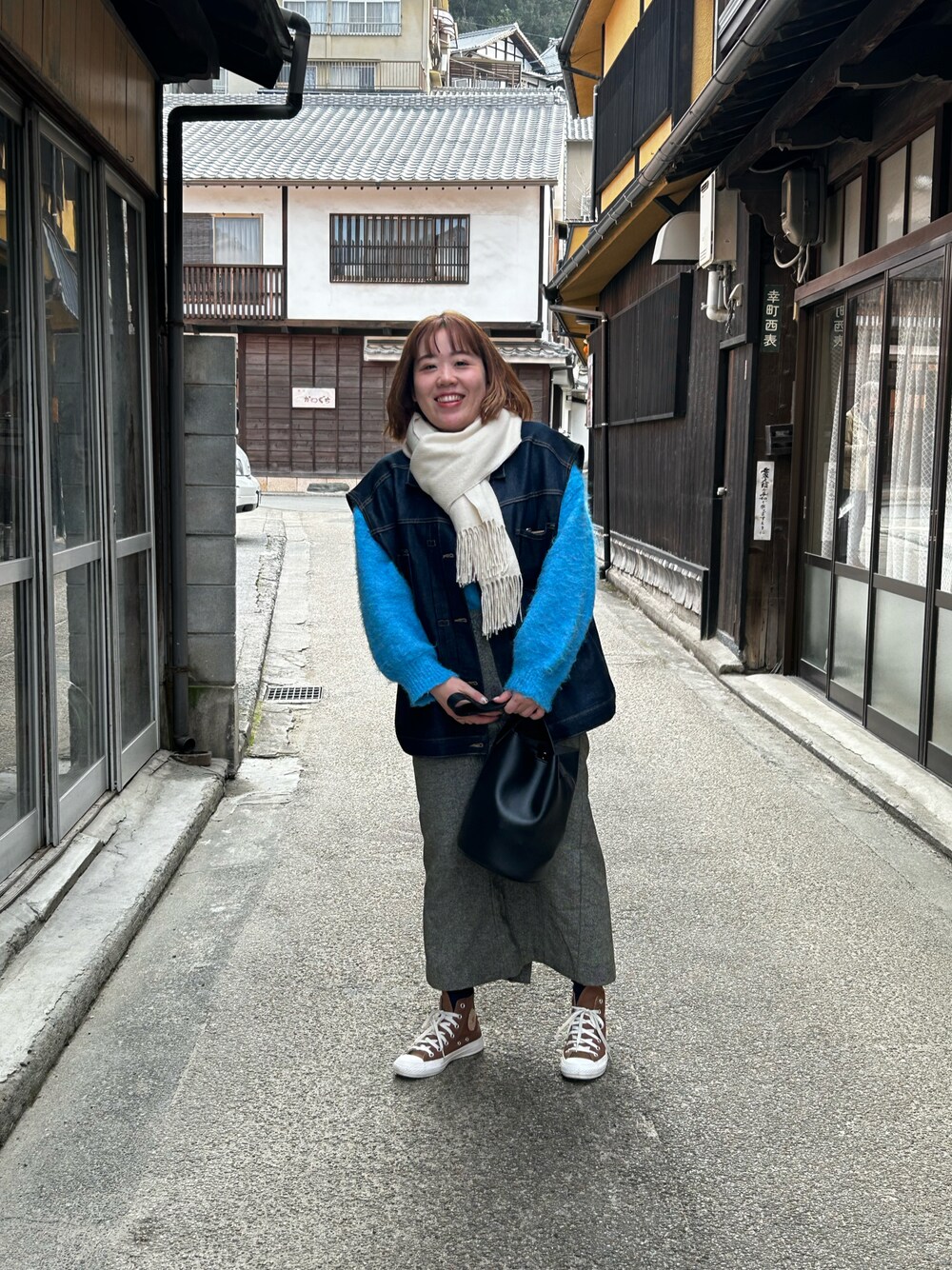 「大人カジュアル、休日スタイル」｜「しまむらのアイテム（ニット/セーター、ブルー系）」を使った、AYUMIさん（レディース・159cm）の冬コーディネートの1枚目の写真