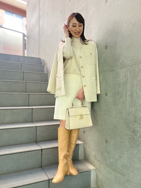 「オールホワイト」｜「アイテム（ノーカラージャケット）」を使った、nol ikeoさん（レディース・160cm）の冬コーディネート