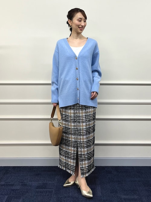 セール】《セットアップ対応》ツイードチェックフリンジタイトスカート