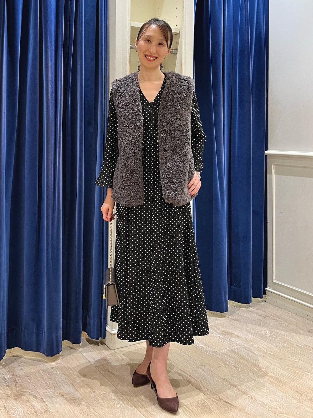 【完売】マチャット ドットロングドレス ドットワンピース 紺 ネイビー フリー 完売】マチャット ドットロングドレス ドットワンピース 紺