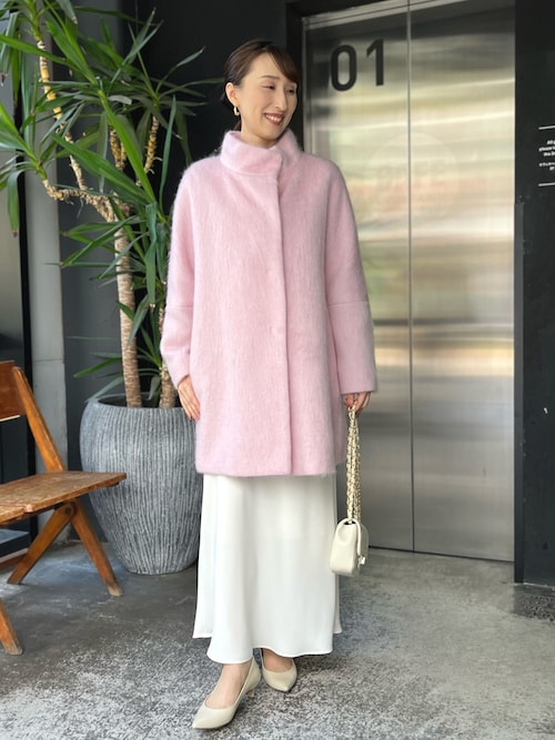 アナイ　モヘヤ　ロングコート　ノーカラー　ウール　シャギー　もこもこ　ピンク Yahoo!オークション - アナイ モヘヤシャギーコート ロング ノーカラー