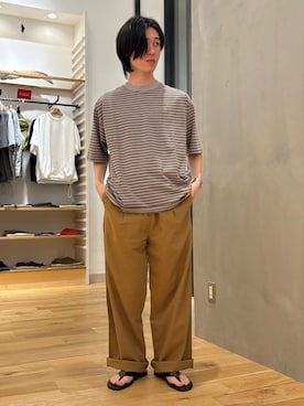 「URBAN RESEARCH DOORS（アーバンリサーチドアーズ）のOUTDOOREXCHANGE ボーダーTシャツ（Tシャツ/カットソー、ベージュ系）」を使った、スズキさん（メンズ・165cm）の夏コーディネート