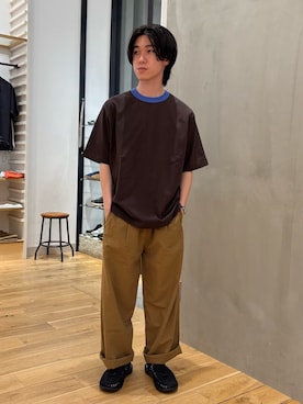 「FORK&SPOON（フォークアンドスプーン）のFORK&SPOON　リンガーショートスリーブTシャツ（Tシャツ/カットソー、ブラウン系）」を使った、スズキさん（メンズ・165cm）の夏コーディネート
