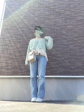 「GRL（グレイル）のデニムフレアパンツ（デニムパンツ、ブルー系）」を使った、boochanさん（レディース・150cm）の春コーディネート