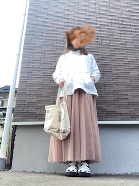 「しまむら（シマムラ）のアイテム（トートバッグ、ベージュ系）」を使った、boochanさん（レディース・150cm）の春コーディネート