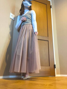「GRL（グレイル）のフリルメローリブニットトップス（ニット/セーター、ホワイト系）」を使った、boochanさん（レディース・150cm）の春コーディネート
