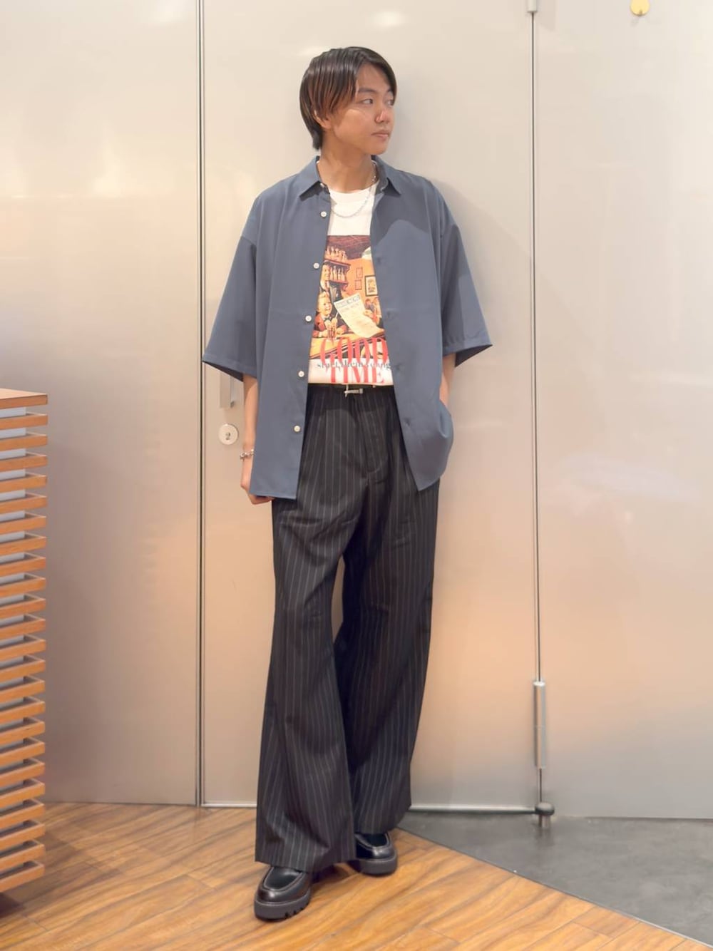 「きれいめ、差し色コーデ、ナチュラル、RAGEBLUE」｜「RAGEBLUEのアンティーク風/メタルバックルリアルレザーベルト（ベルト、ブラック系）」を使った、j3t0u0さん（メンズ・174cm）の夏コーディネートの1枚目の写真