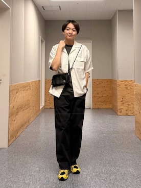 「BAYFLOW（ベイフロー）の【接触冷感】ICE CURRENT オープンカラーシャツ[セットアップ可]（シャツ/ブラウス、ホワイト系）」を使った、j3t0u0さん（メンズ・174cm）の夏コーディネート