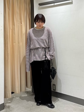 「KBF（ケイビーエフ）のシアーボーダールーズニット（ニット/セーター、レッド系）」を使った、nagisaさん（レディース・154cm）の春コーディネート