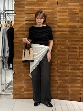 「SENSE OF PLACE by URBAN RESEARCH（センスオブプレイスバイアーバンリサーチ）のシアードレープトップ(半袖)（Tシャツ/カットソー、ブラック系）」を使った、nagisaさん（レディース・154cm）の夏コーディネート