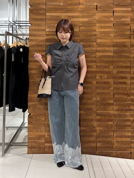 「SENSE OF PLACE by URBAN RESEARCH（センスオブプレイスバイアーバンリサーチ）のパフスリーブコンパクトギャザーシャツ（シャツ/ブラウス、グレー系）」を使った、nagisaさん（レディース・154cm）の春コーディネート