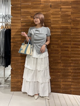 「KBF（ケイビーエフ）のアシメトリーデザインカットソー（Tシャツ/カットソー、グレー系）」を使った、nagisaさん（レディース・154cm）の夏コーディネート