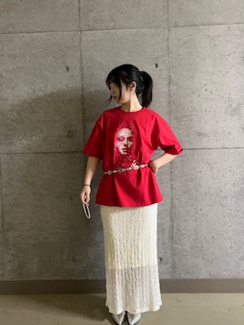 「SENSE OF PLACE by URBAN RESEARCH（センスオブプレイスバイアーバンリサーチ）の『別注』LOVE POP STUDIO×SENSE OF PLACE SHORT-SLEEVE T-SHIRTS（Tシャツ/カットソー、レッド系）」を使った、Nanaさんの春コーディネート