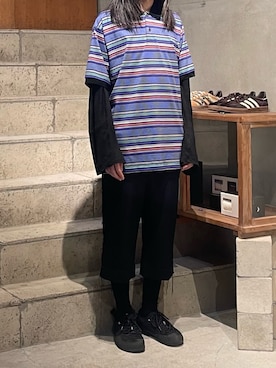 「The Make Happy Studio（ザメイクハッピーストゥディオ）のThe Make Happy Studio/ザメイクハッピーストゥディオ/BODER POLO SHIRTS（ポロシャツ、ブルー系）」を使った、平岩悠人　吾亦紅さん（メンズ・176cm）の夏コーディネート
