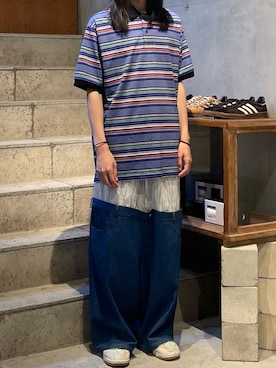 「The Make Happy Studio（ザメイクハッピーストゥディオ）のThe Make Happy Studio/ザメイクハッピーストゥディオ/BODER POLO SHIRTS（ポロシャツ、ブルー系）」を使った、平岩悠人　吾亦紅さん（メンズ・176cm）の夏コーディネート