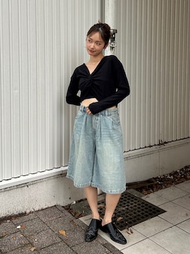 「Ungrid（アングリッド）のウエスタンデザインサボ（その他シューズ、ブラック系）」を使った、小島菜緒さん（レディース・155cm）の夏コーディネート