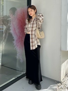 「Ungrid（アングリッド）のビッグルーズチェックシャツ（シャツ/ブラウス）」を使った、小島菜緒さん（レディース・155cm）の秋コーディネート