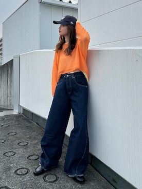 「Ungrid（アングリッド）のシアーショートニット（ニット/セーター、オレンジ系）」を使った、小島菜緒さん（レディース・155cm）の春コーディネート